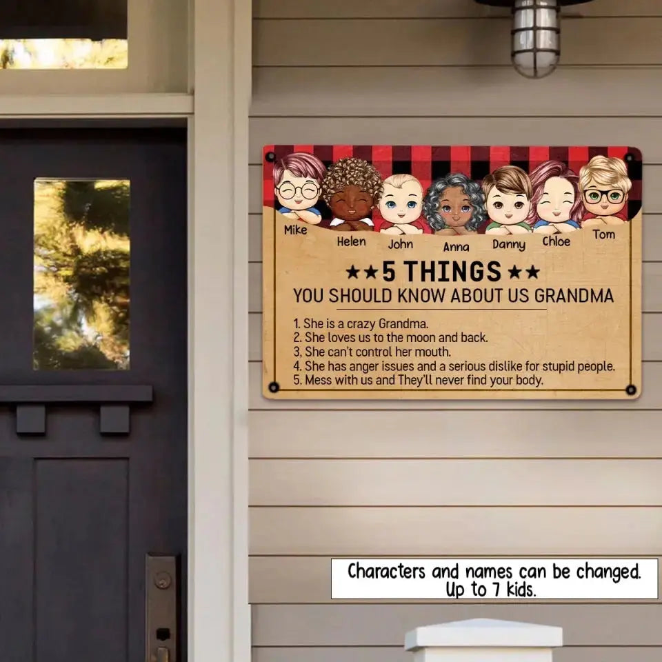 Personalized 5 Things You Should Know About Our Grandma Kids Names Metal Sign Printed
