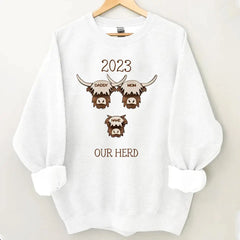 2023 Highland Cow Family Sweatshirt - Farmhouse Christmas Theme, Rustic Personalized Shirt for the Holidays