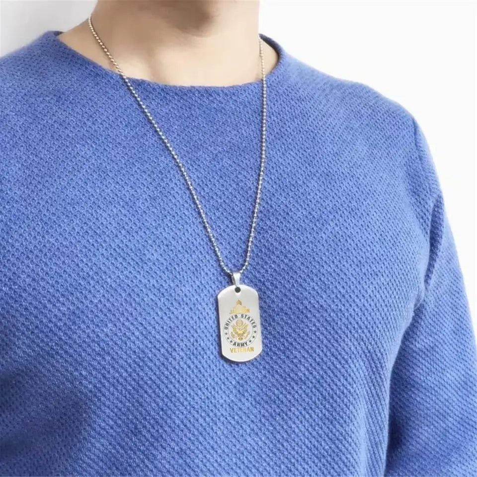 Personalized US Army Veteran Rank Camo Custom Name & Time Necklace Printed