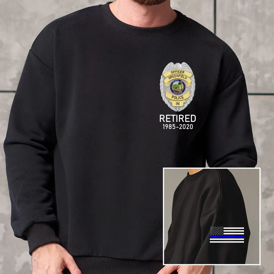 Personalized Retired US Police Badge & Service Time US Flag Blue Line T-shirt Printed