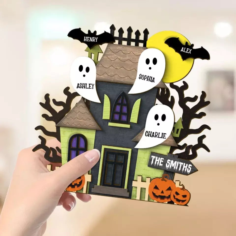 Grandma Family Haunted House Boo Flying Personalized Standing Wooden Plaque, Halloween Decor