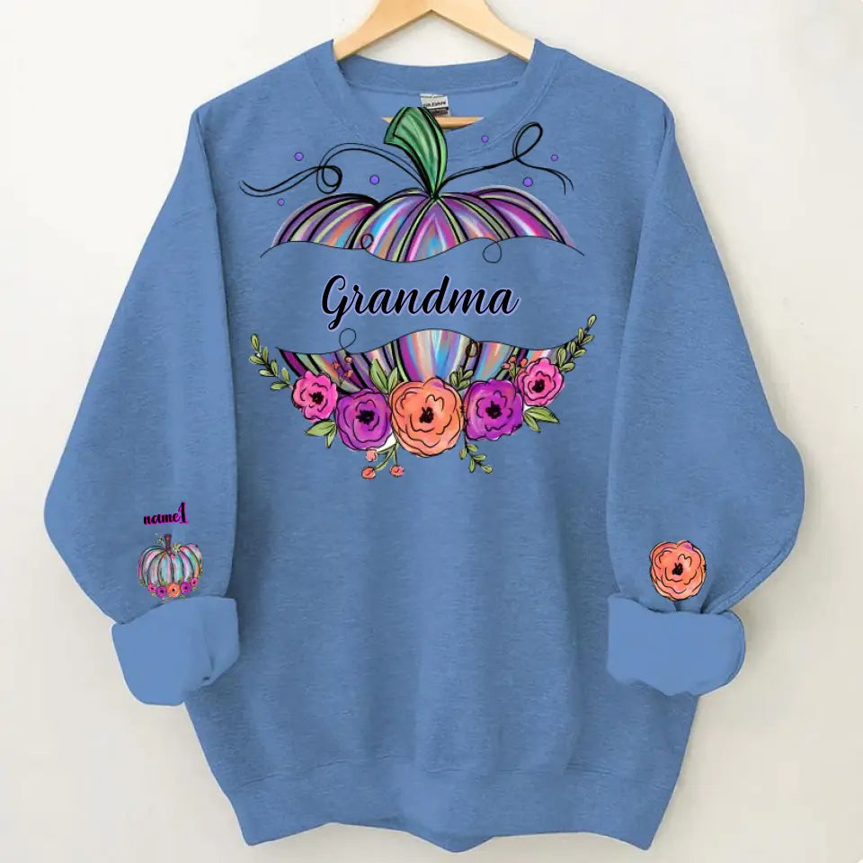 Grandma Pumpkin Flowers Personalized Sweatshirt Fall Gift For Granny