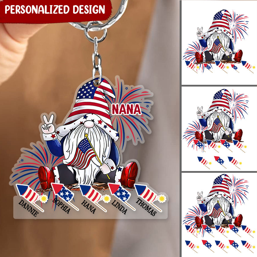 Grandma, Nana, Mimi Gnome Firecrackers 4th July Personalized Acrylic Keychain KNV15JUN22NY1 Acrylic Keychain Humancustom - Unique Personalized Gifts 4.5x4.5 cm