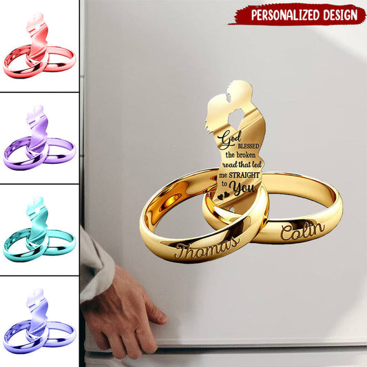 Couple God Blessed The Broken Road Wedding Rings Personalized Decal Sticker Refrigerator Magnet
