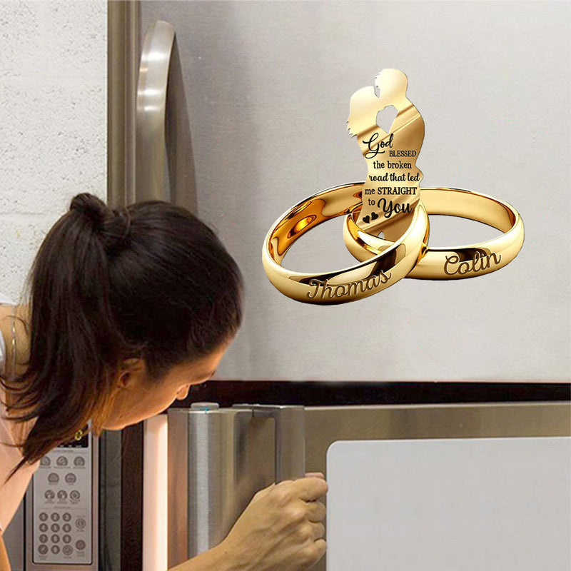 Couple God Blessed The Broken Road Wedding Rings Personalized Decal Sticker Refrigerator Magnet