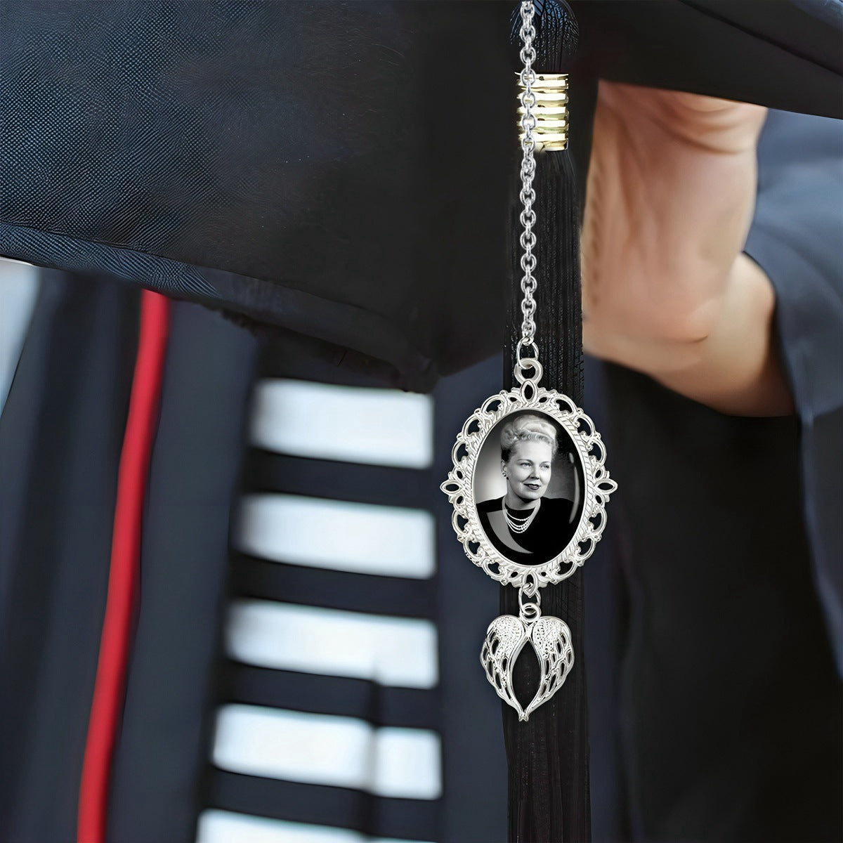 Personalized Graduation Tassel Photo Charm with Angel Wings - Memorial Graduation Gift