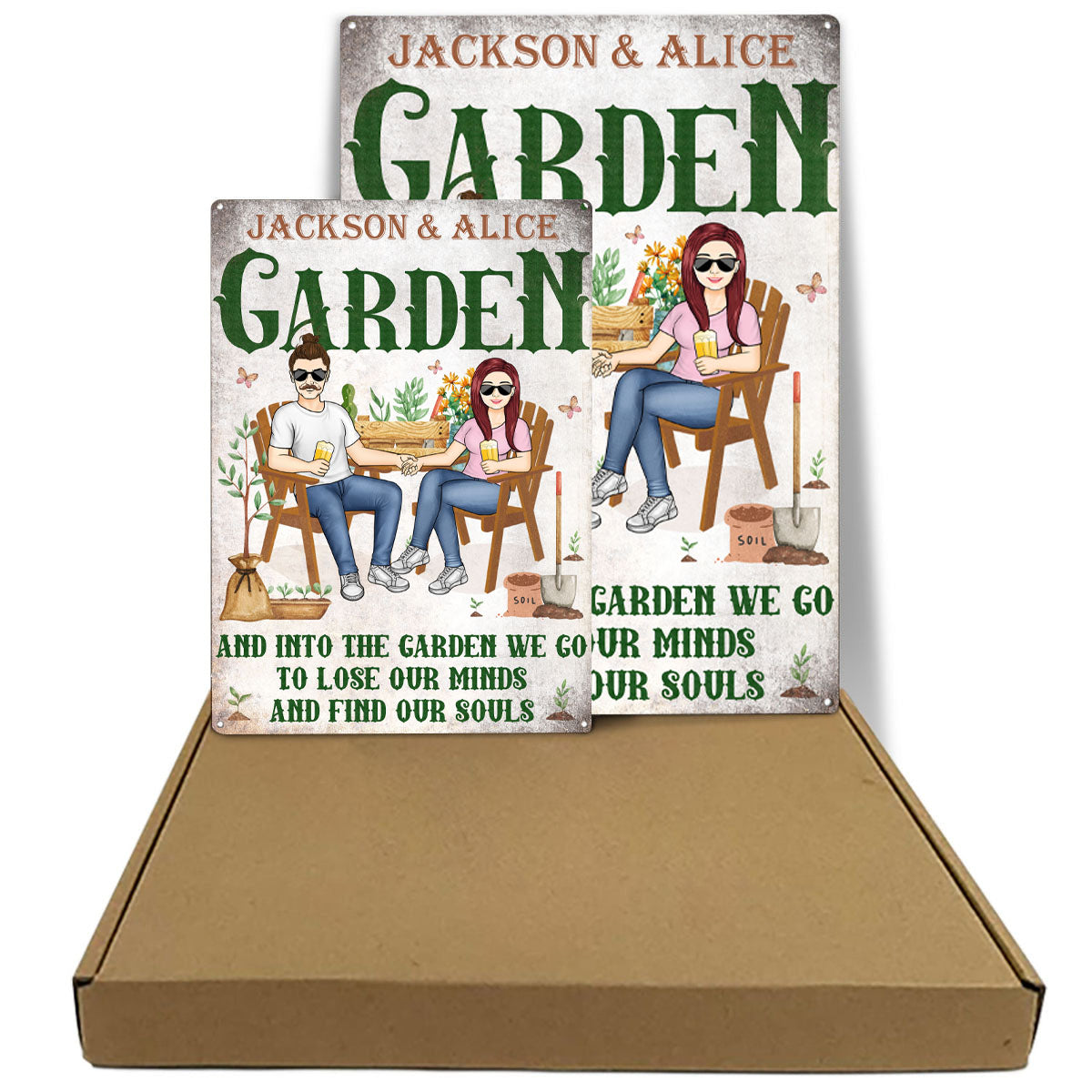 Gardening Couple Plant Smiles Grow Love - Gift For Garden Lovers - Personalized Custom Classic Metal Signs - Garden Signs