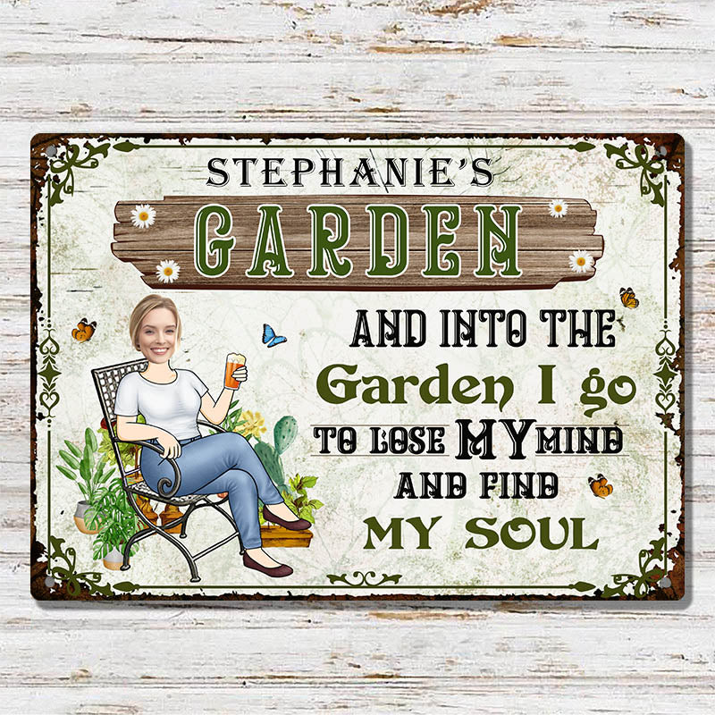 Custom Photo And Into The Garden I Go Gardening Girl - Garden Sign - Personalized Custom Classic Metal Signs