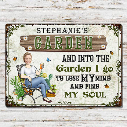 Custom Photo And Into The Garden I Go Gardening Girl - Garden Sign - Personalized Custom Classic Metal Signs