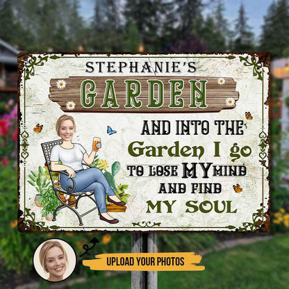 Custom Photo And Into The Garden I Go Gardening Girl - Garden Sign - Personalized Custom Classic Metal Signs