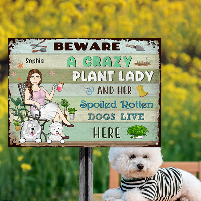 Lady And Her Spoiled Dogs In The Garden - Garden Sign - Personalized Custom Classic Metal Signs
