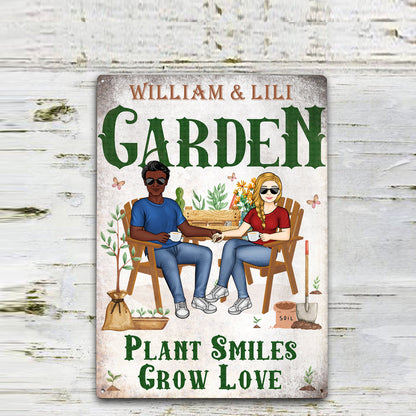 Gardening Couple Plant Smiles Grow Love - Gift For Garden Lovers - Personalized Custom Classic Metal Signs - Garden Signs
