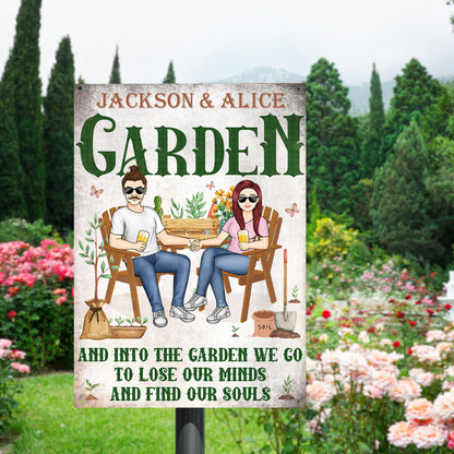 Gardening Couple Plant Smiles Grow Love - Gift For Garden Lovers - Personalized Custom Classic Metal Signs - Garden Signs