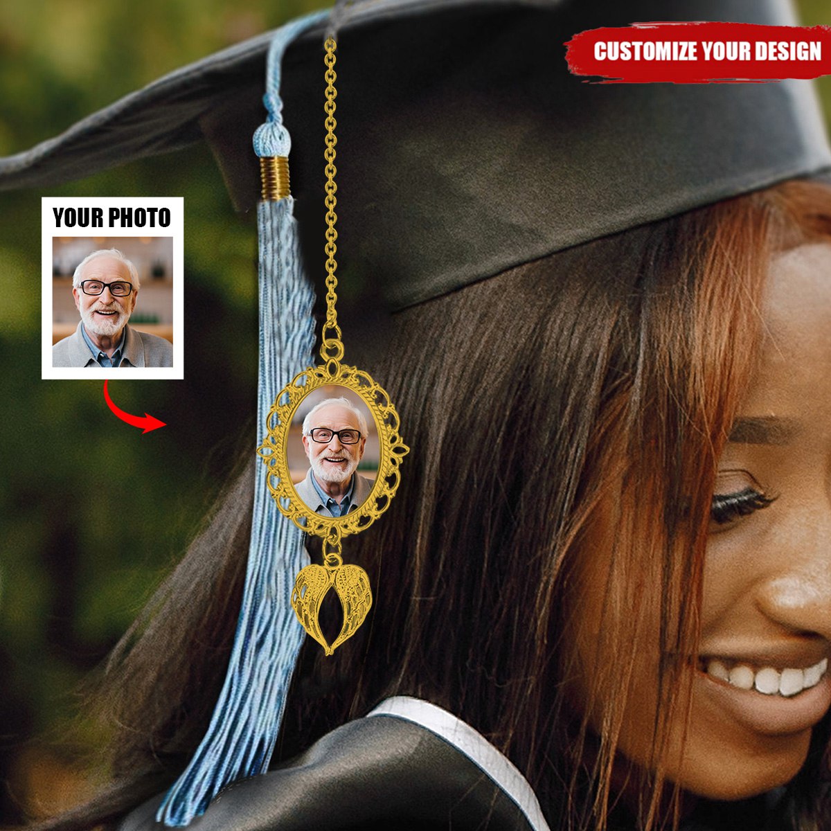 Personalized Graduation Tassel Photo Charm with Angel Wings - Memorial Graduation Gift