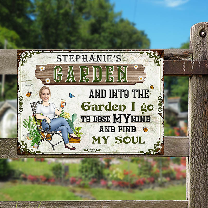 Custom Photo And Into The Garden I Go Gardening Girl - Garden Sign - Personalized Custom Classic Metal Signs