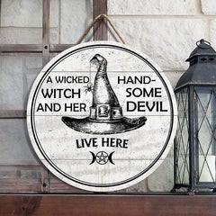 Personalized Witch Handsome Devil Customized Wood Circle Sign