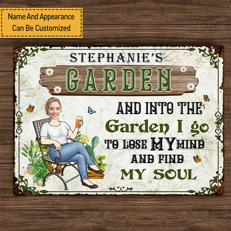 Custom Photo And Into The Garden I Go Gardening Girl - Garden Sign - Personalized Custom Classic Metal Signs