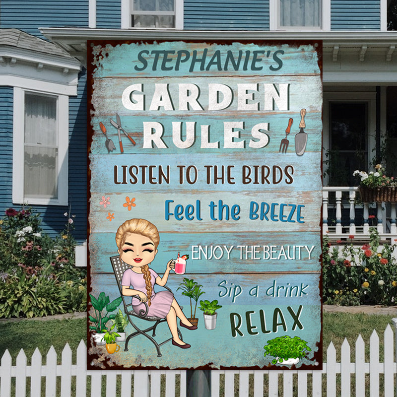 Garden Rules Feel The Breeze Enjoy The Beauty Gardening - Garden Sign - Personalized Custom Classic Metal Signs