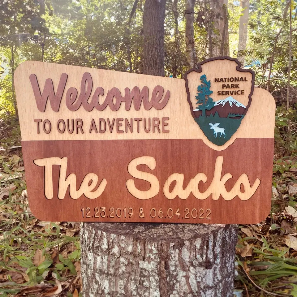 Welcome To Our Adventure - Personalized Door Sign 2 Layer, Camping Decoration