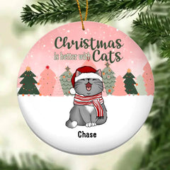 Christmas Is Better With Cats, Christmas Tree Circle Ceramic Ornament, Personalized Cat Breeds Ornament