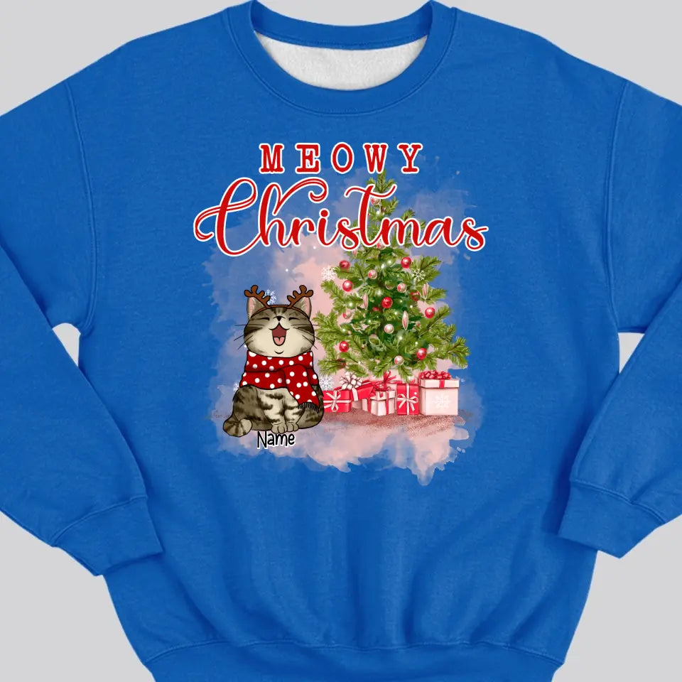 Meowy Christmas, Christmas Tree & Gifts, Personalized Cat Breeds Sweatshirt, Sweatshirt For Cat Lovers