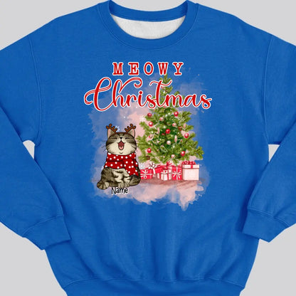 Meowy Christmas, Christmas Tree & Gifts, Personalized Cat Breeds Sweatshirt, Sweatshirt For Cat Lovers