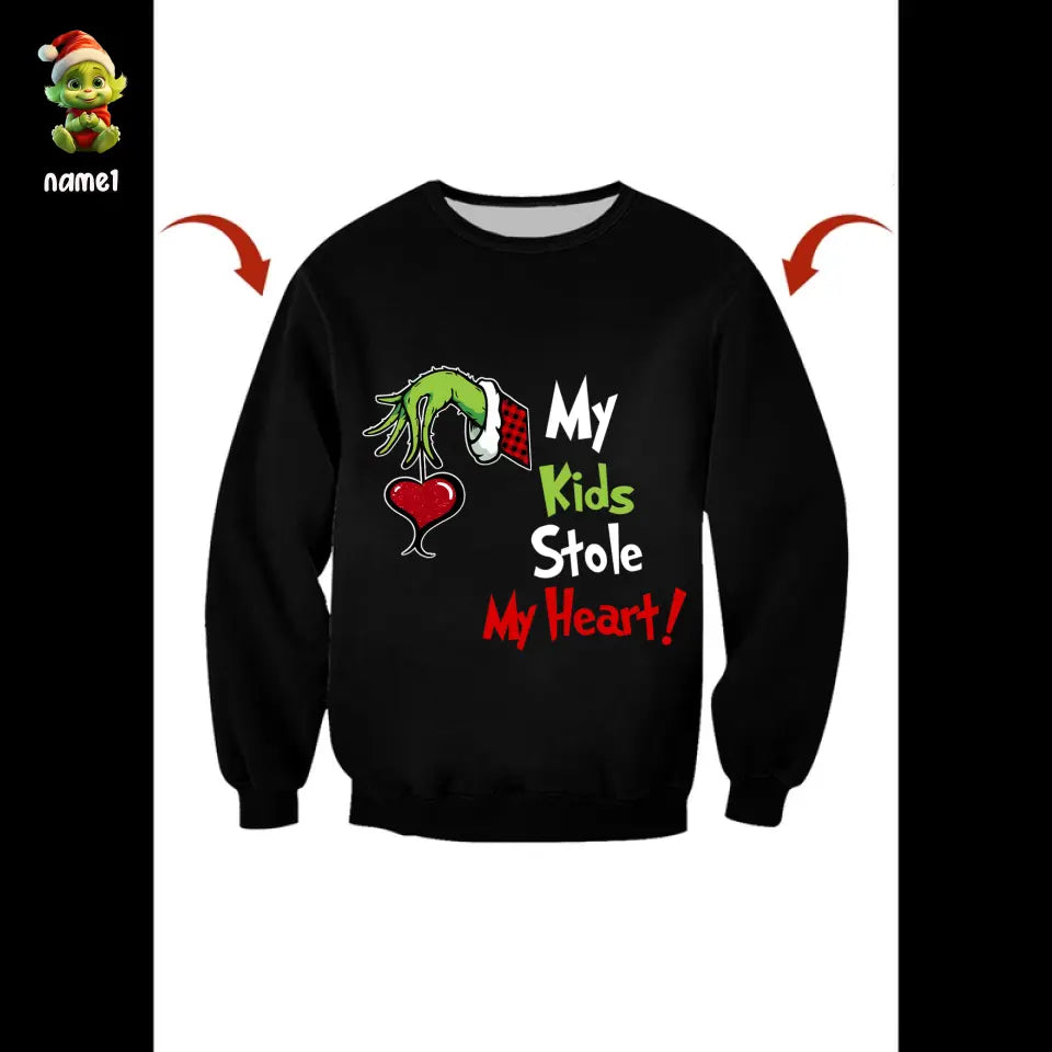 My Kid Stole My Heart, Gift For Family, Personalized Shirt, Green Monster Kids Shirt, Christmas Gift