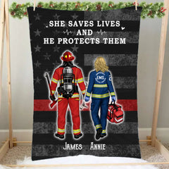 Save Lives Couple Friends - Personalized Blanket Firefighter, EMS, Police Officer, Military, Nurse