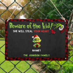 Watch Out Kids, Gift for Family, Green Monster for Kids - Personalized Metal Sign, Christmas