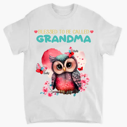Personalized apparel "Blessed to be called Grandma Owl Butterfly" with child's name printed on it