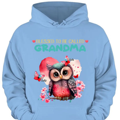 Personalized apparel "Blessed to be called Grandma Owl Butterfly" with child's name printed on it