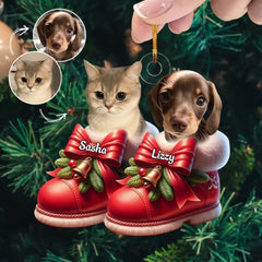 Cute Pet On Christmas Shoes - Personalized Custom Photo Mica Ornament - Christmas Gift For Pet Lovers, Pet Owners