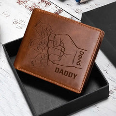 Personalized Hands Clenched Custom Father & Kid Names Gift for Dad Laser Leather Wallet