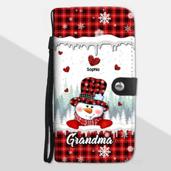 Personalized Grandma Nana Mommy Snowman Kid Name Heart Caro Phone Leather Wallet