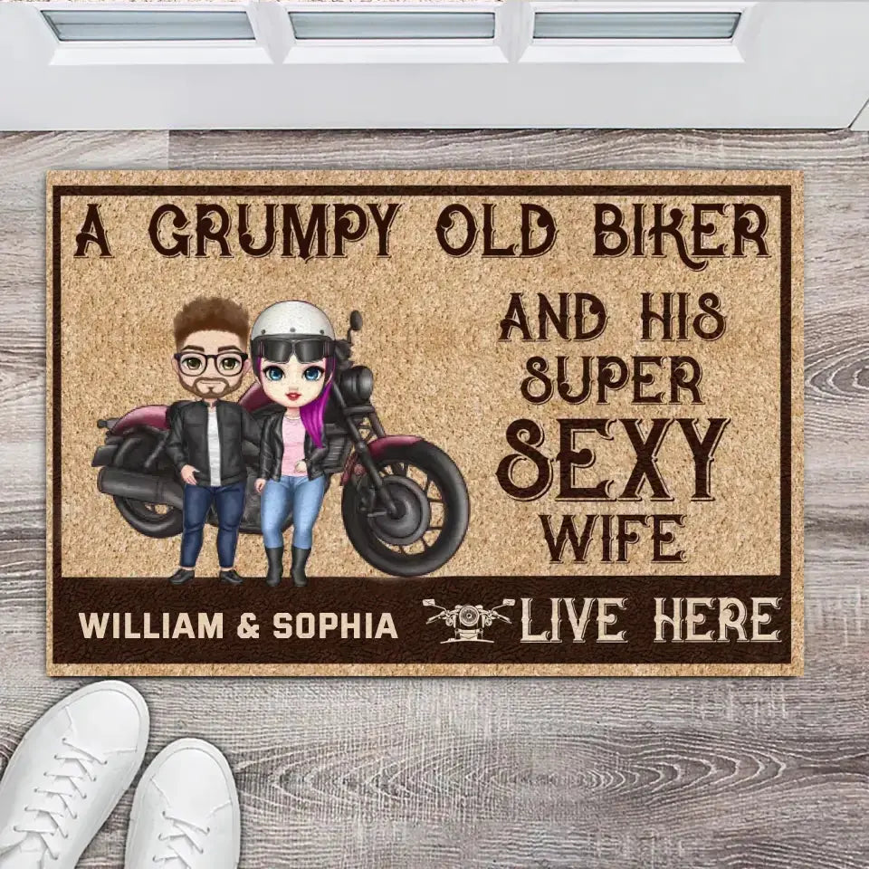 Personalized Couple Biker A Grumpy Old Biker And His Super Sexy Wife Live Here Doormat