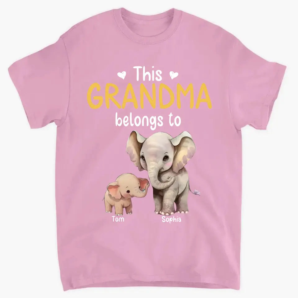 Personalize this grandma's clothes with elephant children's names printed on them