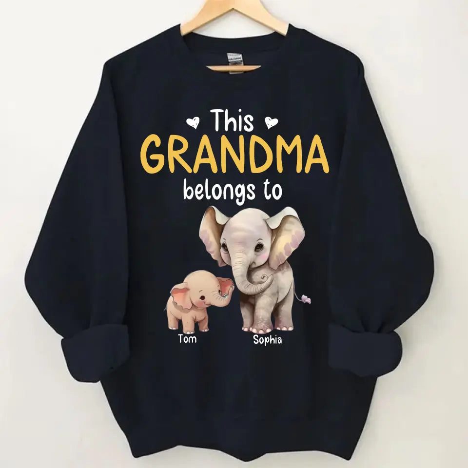 Personalize this grandma's clothes with elephant children's names printed on them