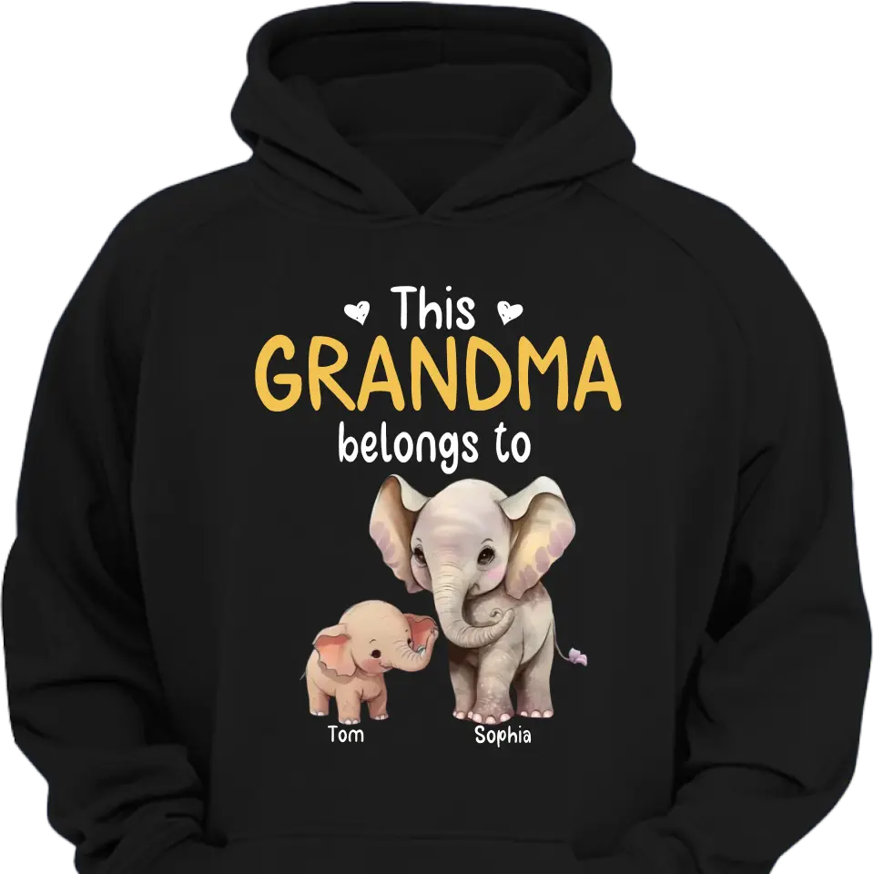Personalize this grandma's clothes with elephant children's names printed on them