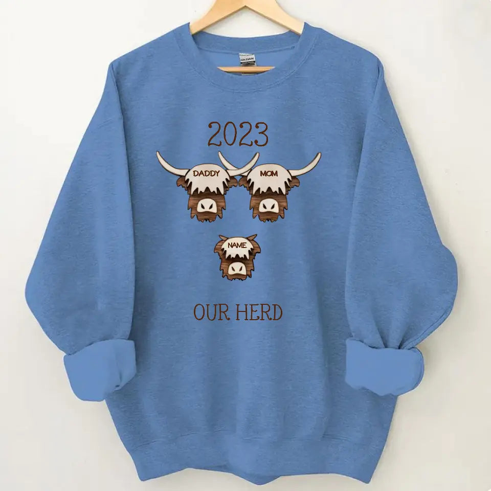 2023 Highland Cow Family Sweatshirt - Farmhouse Christmas Theme, Rustic Personalized Shirt for the Holidays