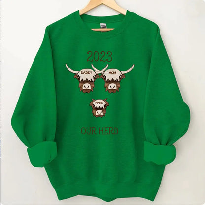 2023 Highland Cow Family Sweatshirt - Farmhouse Christmas Theme, Rustic Personalized Shirt for the Holidays