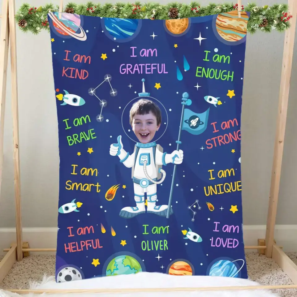 Kid Affirmations I Am Kind Smart Loved Astronaut - Personalized Photo Blanket