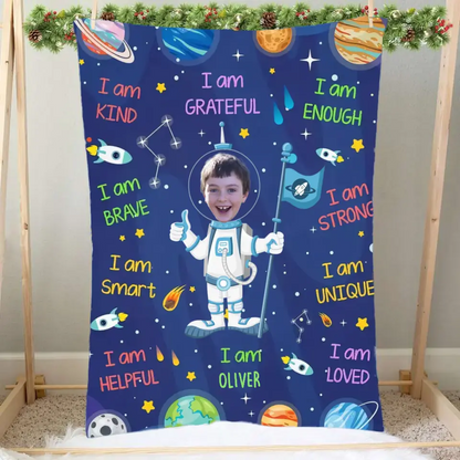 Kid Affirmations I Am Kind Smart Loved Astronaut - Personalized Photo Blanket