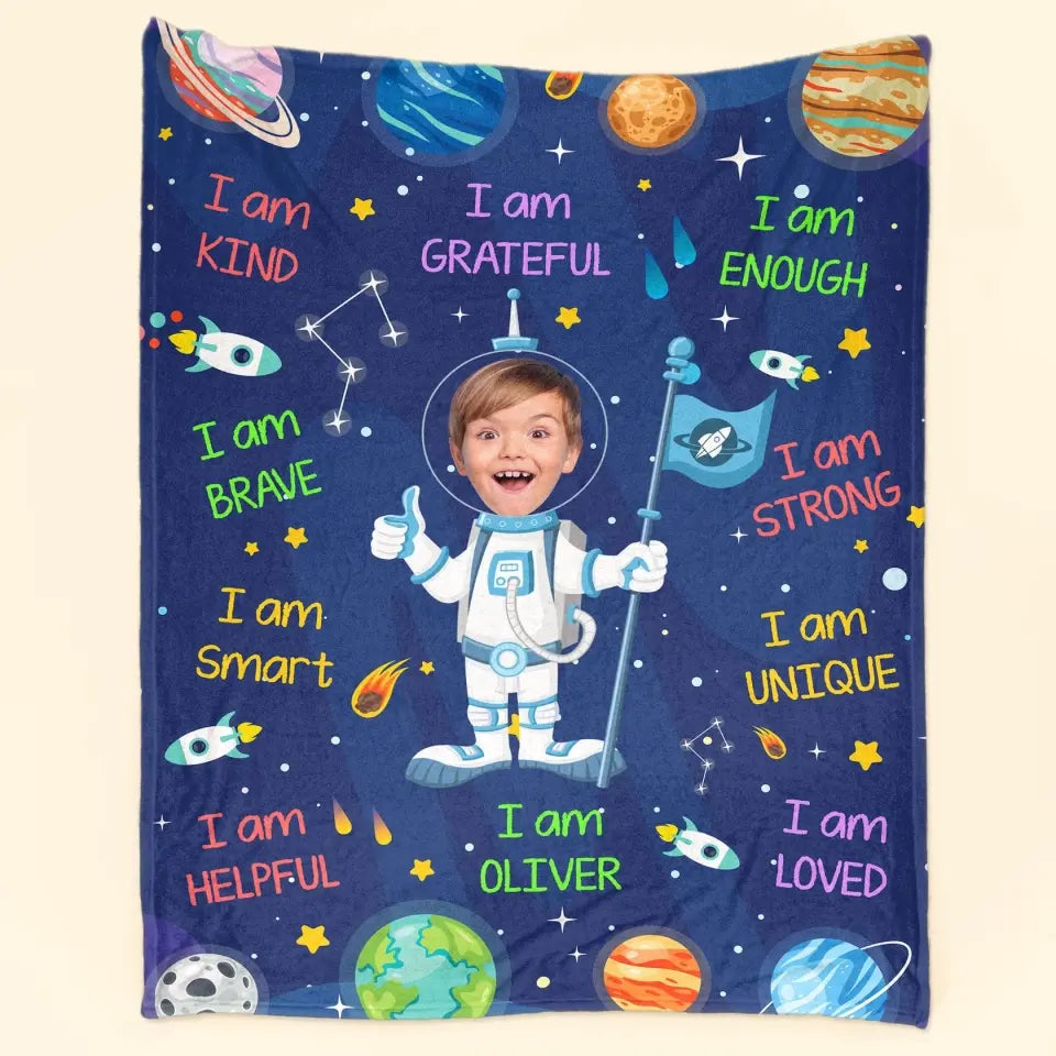 Kid Affirmations I Am Kind Smart Loved Astronaut - Personalized Photo Blanket