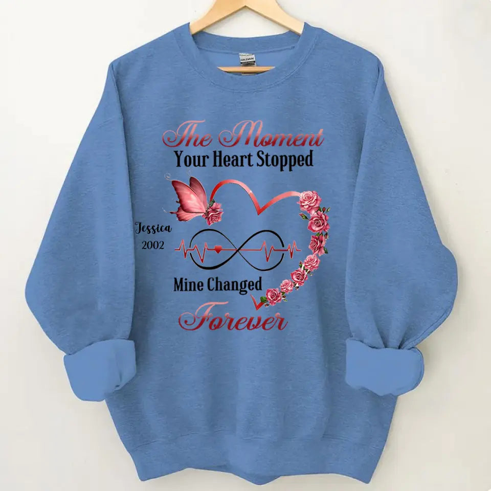Memorial Butterfly Heart Infinity, The Moment Your Heart Stopped, Mine Changed Forever Personalized T-shirt & Hoodie