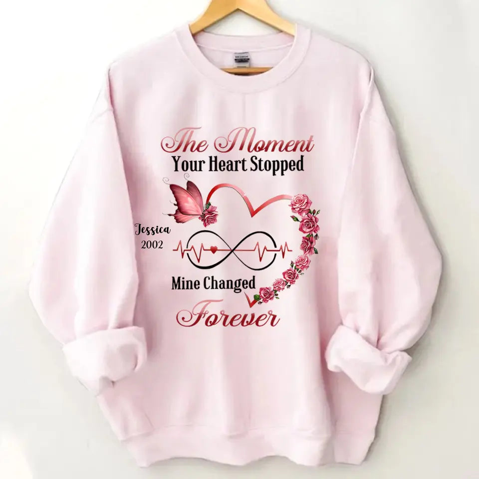 Memorial Butterfly Heart Infinity, The Moment Your Heart Stopped, Mine Changed Forever Personalized T-shirt & Hoodie