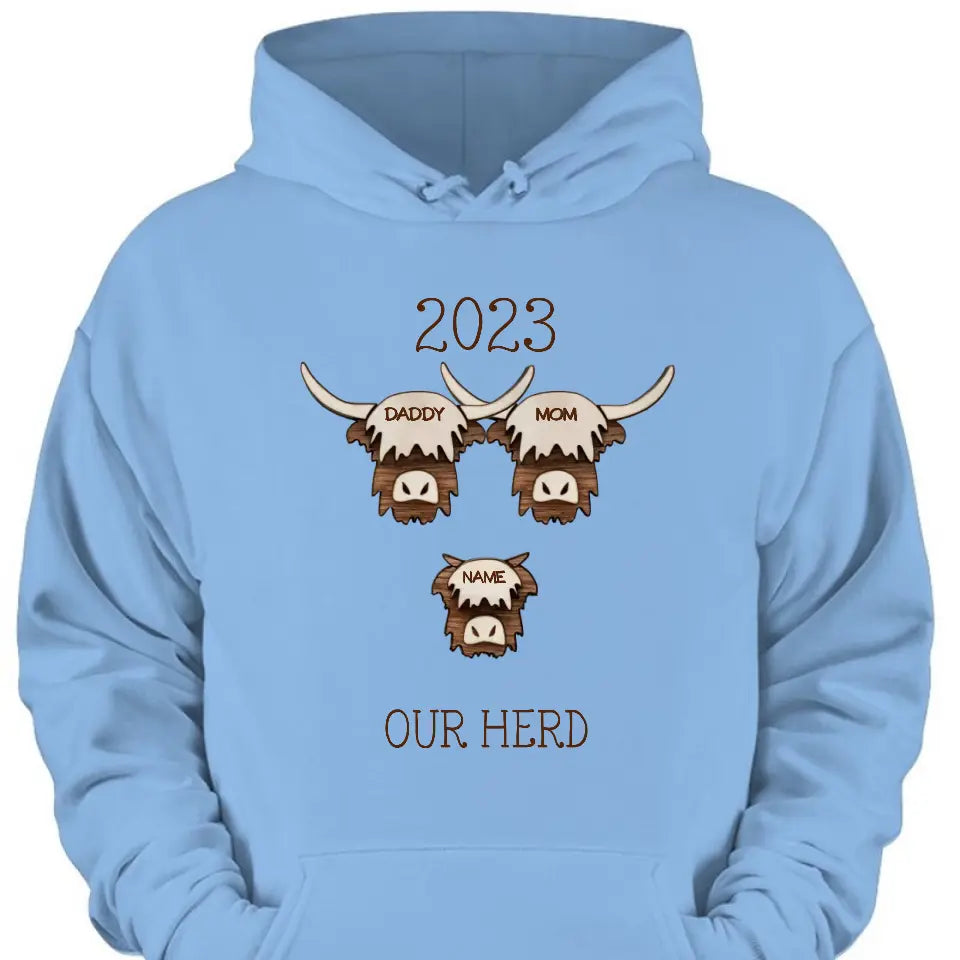 2023 Highland Cow Family Sweatshirt - Farmhouse Christmas Theme, Rustic Personalized Shirt for the Holidays