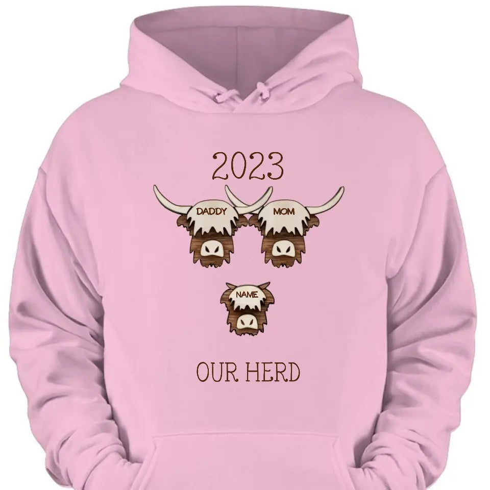 2023 Highland Cow Family Sweatshirt - Farmhouse Christmas Theme, Rustic Personalized Shirt for the Holidays