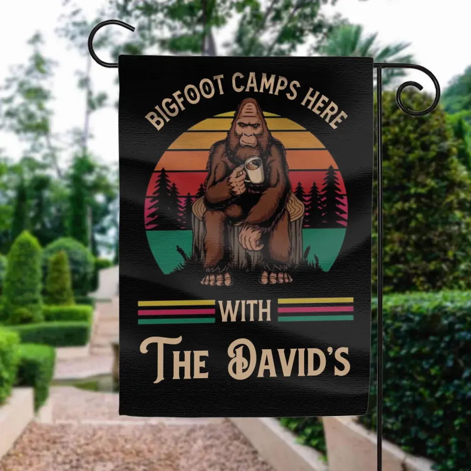Bigfoot Camps Here With The Family - Personalized Flag, Gift For Camper, Camping Decoration