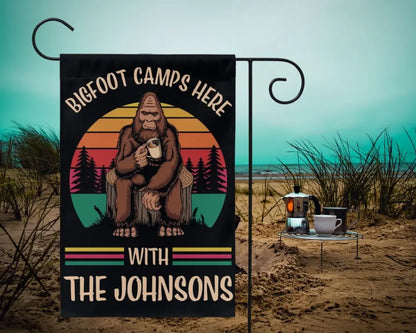 Bigfoot Camps Here With The Family - Personalized Flag, Gift For Camper, Camping Decoration
