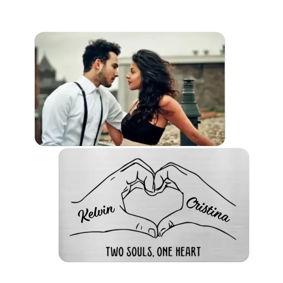 Two Souls One Heart with Couple Photo - Personalized Metal Wallet Card, Anniversary Gift for Him/Her/Wife/Husband/Finance